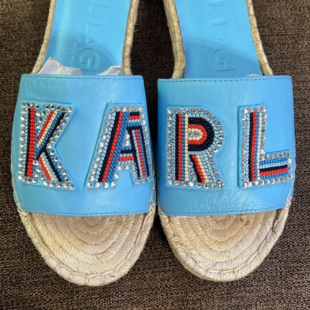 New Karl Lagerfeld Paris Caine Espadrille Slide Sandals Sz 36EU 6 US Baltic Blue